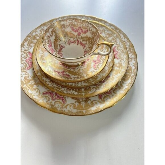 John Ansley Bone China 7986 00 Place Setting Gold Leaf Ornate Pink Vtg - Picture 3 of 16